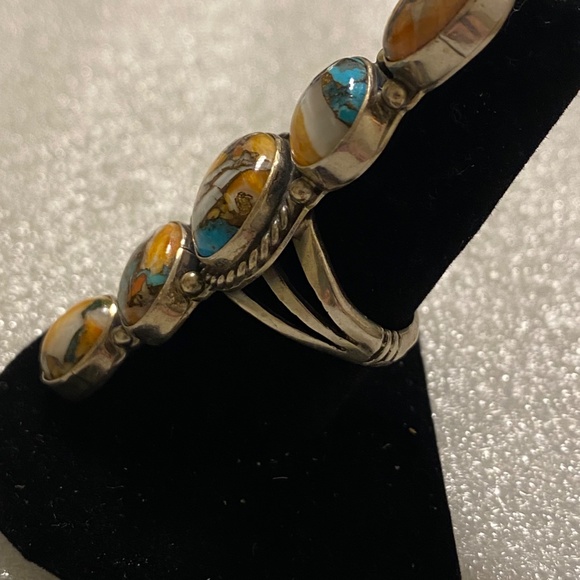 Dramatic 5 Stone Sterling Ring - Orange Spiny - Kingman - Size 9 - Picture 3 of 15